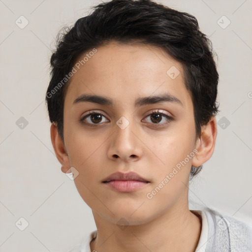 Neutral latino young-adult female with short  black hair and brown eyes