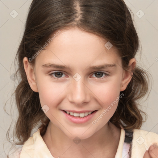 Joyful white child female with medium  brown hair and brown eyes