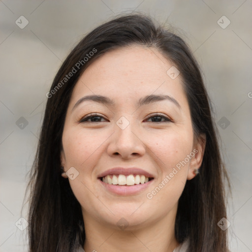 Joyful white young-adult female with long  brown hair and brown eyes