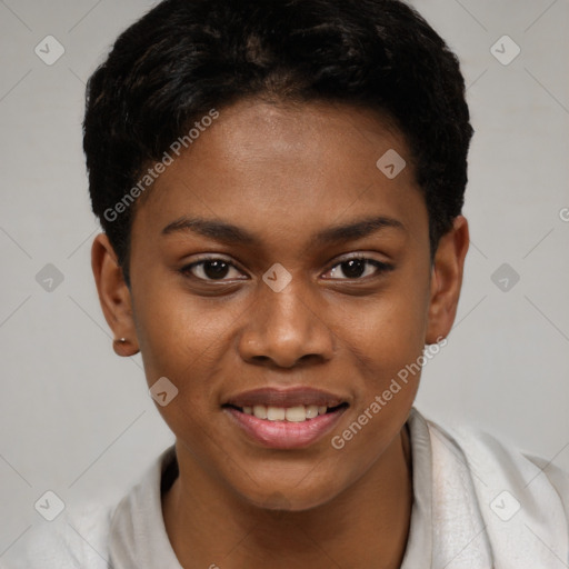 Joyful black young-adult female with short  brown hair and brown eyes