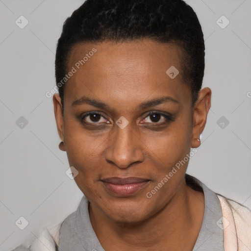 Joyful black young-adult female with short  black hair and brown eyes