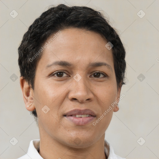 Joyful white adult female with short  brown hair and brown eyes