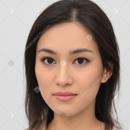 Neutral asian young-adult female with long  brown hair and brown eyes