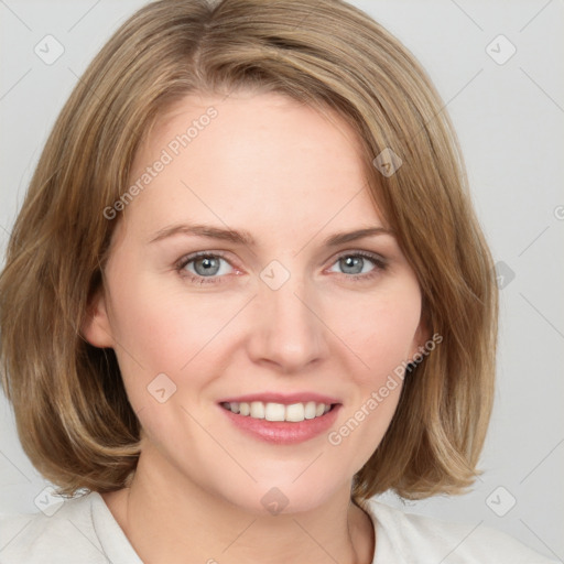 Joyful white young-adult female with medium  brown hair and blue eyes