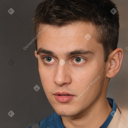 Neutral white young-adult male with short  brown hair and brown eyes