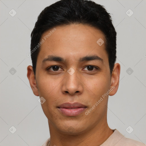 Neutral latino young-adult male with short  black hair and brown eyes