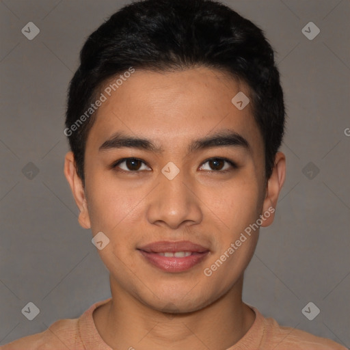 Joyful latino young-adult male with short  black hair and brown eyes