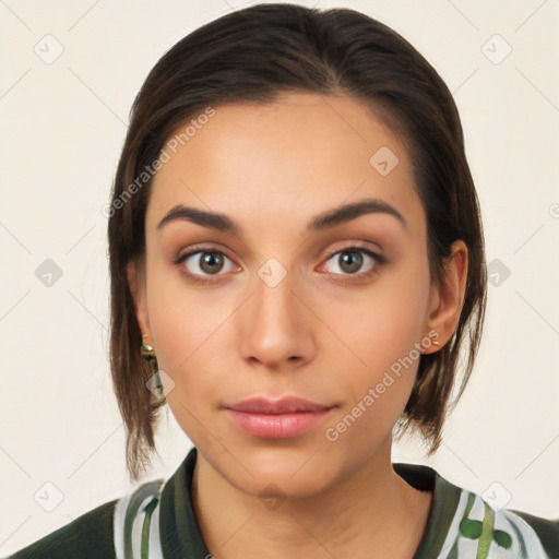 Neutral white young-adult female with medium  brown hair and brown eyes