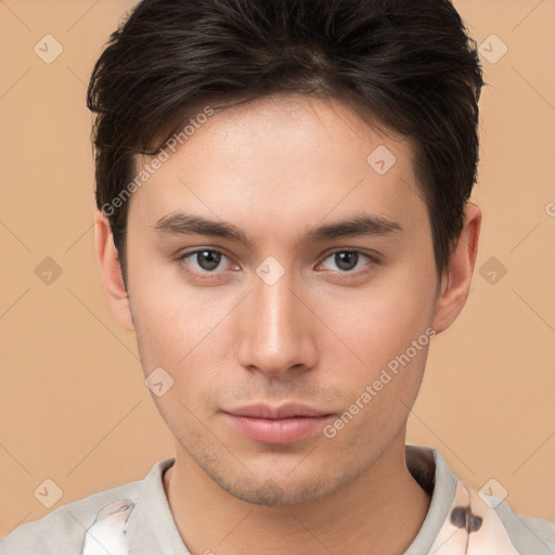 Neutral white young-adult male with short  brown hair and brown eyes