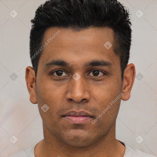 Neutral latino young-adult male with short  black hair and brown eyes
