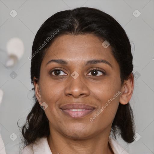 Joyful white young-adult female with medium  brown hair and brown eyes