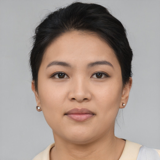 Neutral asian young-adult female with short  black hair and brown eyes