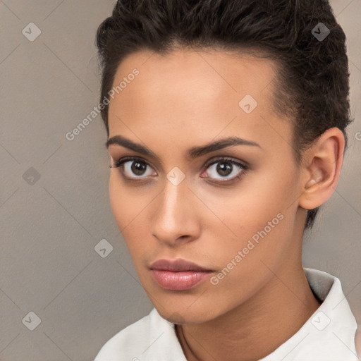 Neutral white young-adult female with short  brown hair and brown eyes