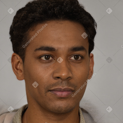 Joyful black young-adult male with short  brown hair and brown eyes