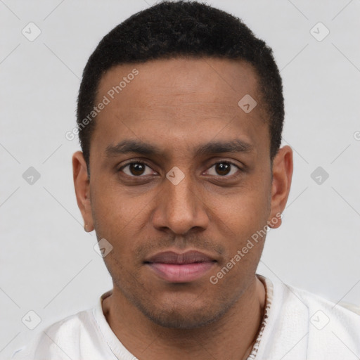 Joyful latino young-adult male with short  brown hair and brown eyes