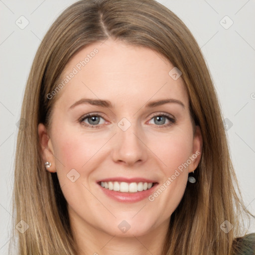 Joyful white young-adult female with long  brown hair and grey eyes