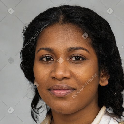 Joyful black young-adult female with medium  black hair and brown eyes