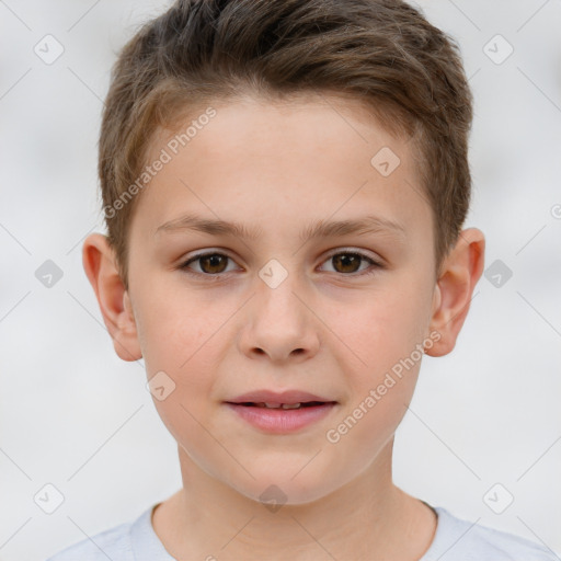 Joyful white child male with short  brown hair and brown eyes