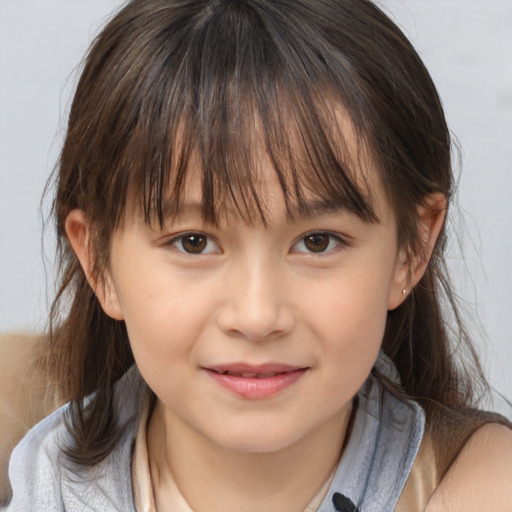 Joyful white child female with medium  brown hair and brown eyes