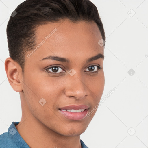 Joyful white young-adult female with short  brown hair and brown eyes