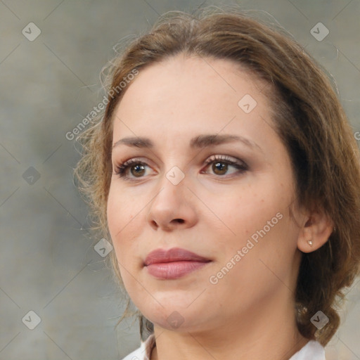 Neutral white young-adult female with medium  brown hair and brown eyes