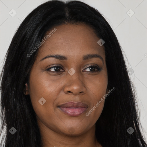 Joyful asian young-adult female with long  brown hair and brown eyes