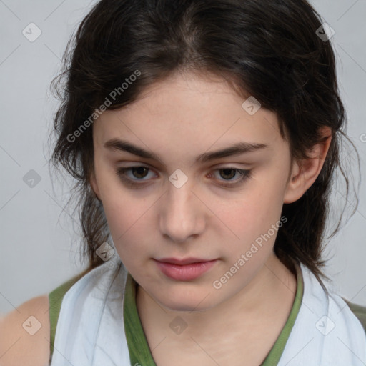 Neutral white young-adult female with medium  brown hair and brown eyes