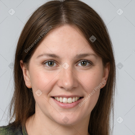 Joyful white young-adult female with long  brown hair and grey eyes