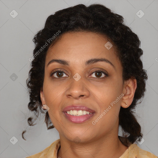 Joyful black young-adult female with medium  brown hair and brown eyes