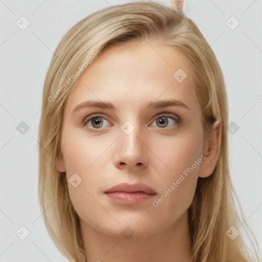 Neutral white young-adult female with long  brown hair and grey eyes