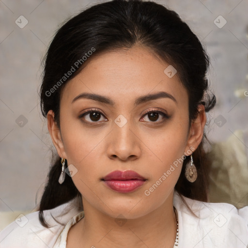 Neutral white young-adult female with medium  brown hair and brown eyes