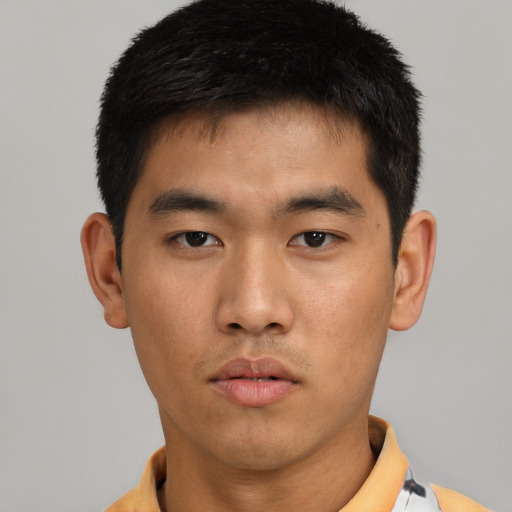 Neutral asian young-adult male with short  black hair and brown eyes
