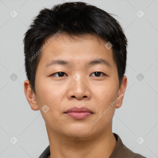 Neutral asian young-adult male with short  brown hair and brown eyes