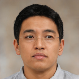 Neutral asian young-adult male with short  black hair and brown eyes