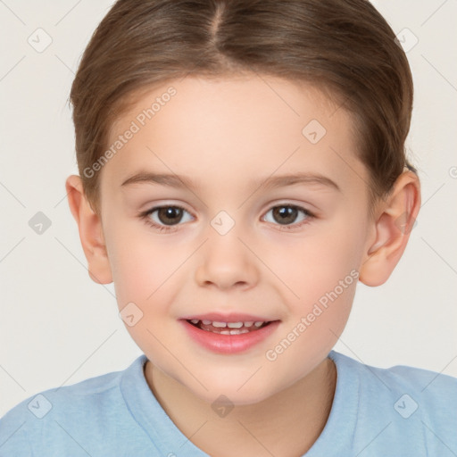 Joyful white child female with short  brown hair and brown eyes