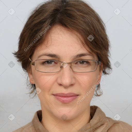 Joyful white adult female with medium  brown hair and grey eyes