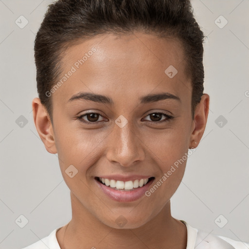 Joyful white young-adult female with short  brown hair and brown eyes