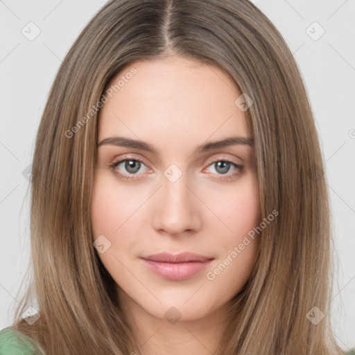 Neutral white young-adult female with long  brown hair and brown eyes