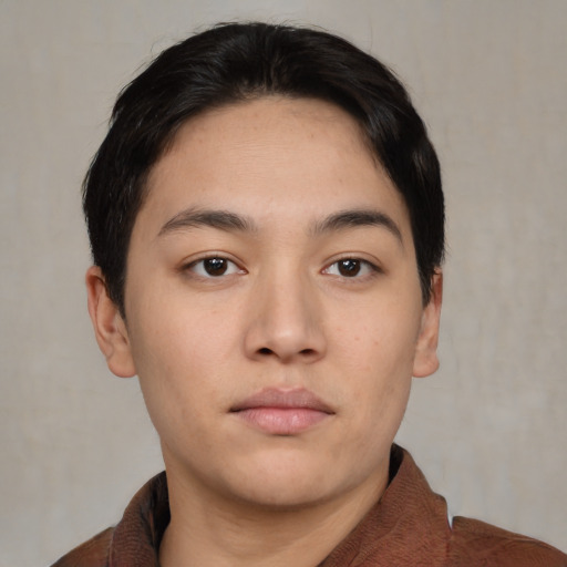 Neutral asian young-adult male with short  black hair and brown eyes