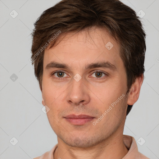 Neutral white young-adult male with short  brown hair and brown eyes