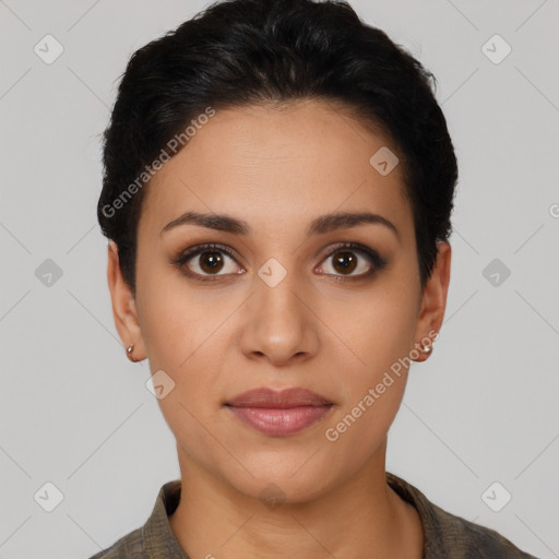 Joyful latino young-adult female with short  black hair and brown eyes