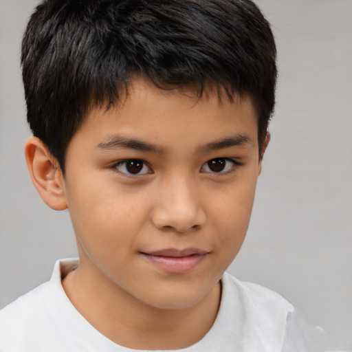 Joyful asian child male with short  brown hair and brown eyes