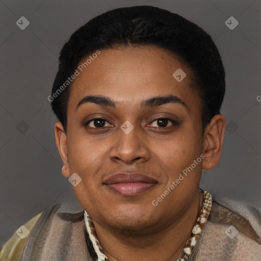 Joyful black young-adult female with short  black hair and brown eyes