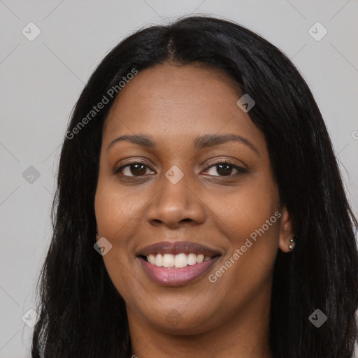 Joyful asian young-adult female with long  black hair and brown eyes