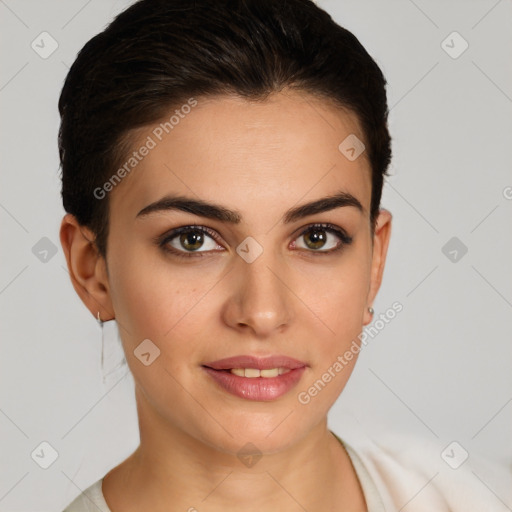 Joyful white young-adult female with short  brown hair and brown eyes