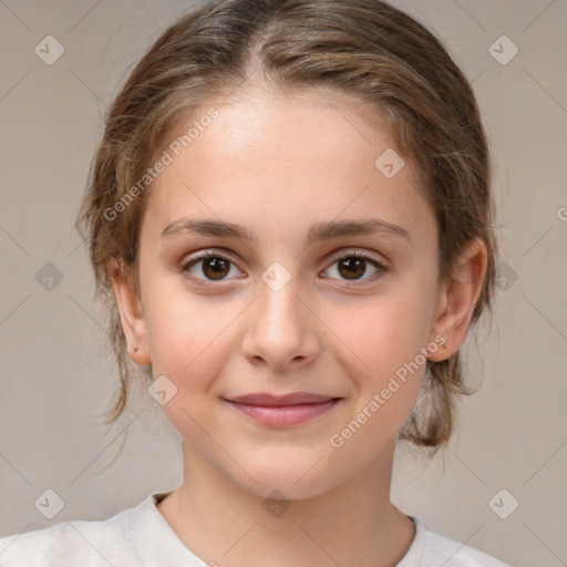 Joyful white child female with medium  brown hair and brown eyes