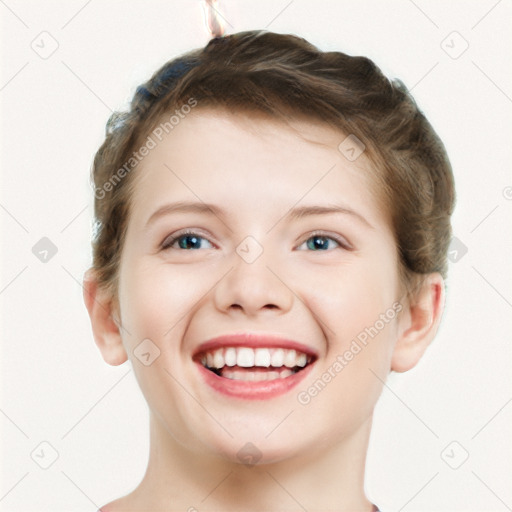 Joyful white young-adult female with short  brown hair and blue eyes