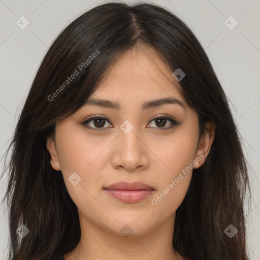 Joyful white young-adult female with long  brown hair and brown eyes