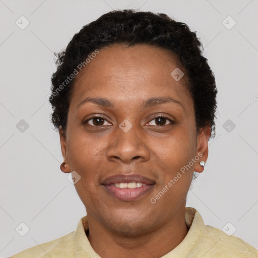 Joyful black adult female with short  brown hair and brown eyes