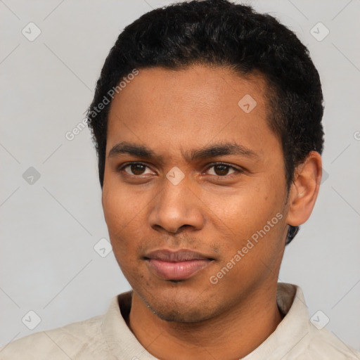 Neutral latino young-adult male with short  black hair and brown eyes